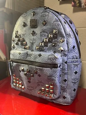  MCM Studded Blue Luxury Designer Stark Backpack Visetos Lightly Used Baby Blue • $280