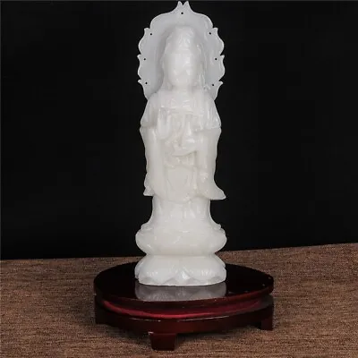 12  100% White Jade Hand Carved Quan Guan Yin Goddess Boddhisattva Buddha Statue • $299.99