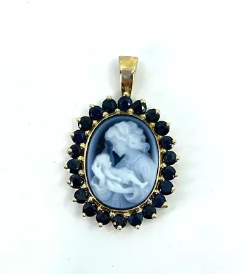 Vintage 14k Yellow Gold Agate Madonna Child Sapphires Pendant • $399