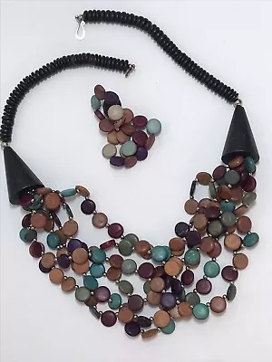 Vintage Wood Disk Beaded Necklace High End Possibly Monies? Fancy Hook Clasp • $23.75