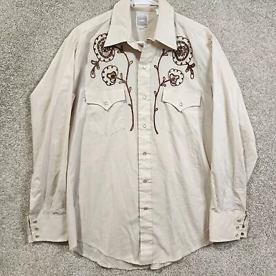 Vtg 70s Mustang Western Pearl Snap Shirt Mens Plaid Floral Embroidered Sz 16-33 • $31.50