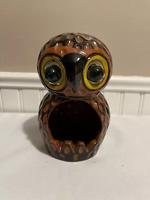 Vintage 1970s Brown Ceramic Owl Tea Light Candle Holder Pottery Glass Eyes Japan • $18.95