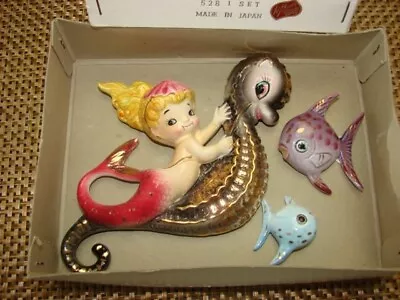 Vintage LEFTON MERMAID On SEAHORSE W 2 FISH Wall Plaque Set Mint In Box • $550
