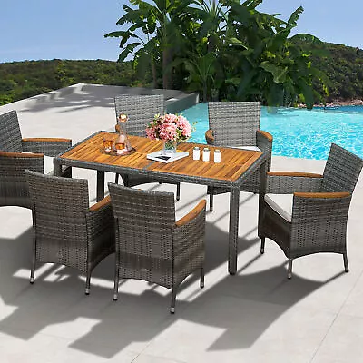 7PCS Outdoor Dining Set Patio Acacia Wood And Rattan Furniture Set W/ Cushions • $485