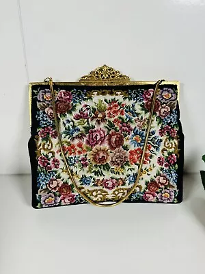 Vintage French Tapestry Carpet Floral Black & Gold Handbag Evening Bag 1920s • £35