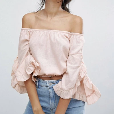 $25 • Buy Bershka Off The Shoulder Frill Detail Crop Top Baby Pastel Pink Ruffle Sleeve 