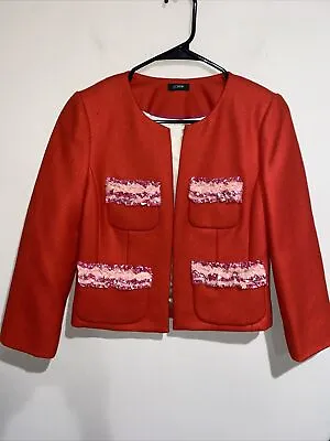 J CREW Tomato Red Silk Applique Pocket 100% Wool Blazer Crop Jacket Sz 0 Euc • $42