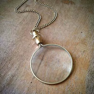 Shiny Gold Monocle Magnifying Glass Necklace - Shiny Brass/Bronze -Pendant Chain • $13.42