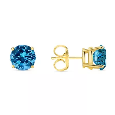 3.50 Ct Round Cut Blue Earrings Studs Solid 14K Yellow Gold Push Back Basket • $274.96