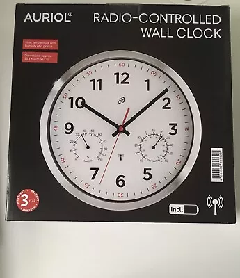 Auriol Radio-Controlled Wall Clock Time - Temperature - Humidity - Round - Black • £29.99