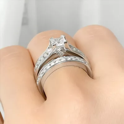 Womens Silver 1.5 Carat Princess Cut Wedding Ring Set W/ Matching Band Size 5-9 • $88.03