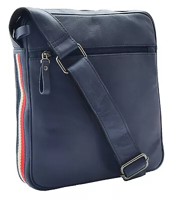 Mens Genuine Navy Leather Messenger Flight Shoulder Bag Zip Top Messenger Bag • £59