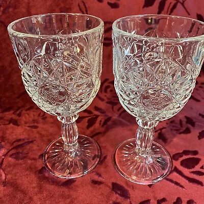 Pair 2 Vintage Libbey Hobstar Star Of David 7 1/4  Glass Water Goblets Glasses • $20