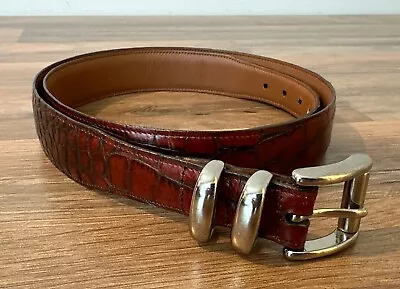 Men’s Allen Edmonds Brown Crocodile Print Leather Lined Belt 38 Silver USA Made • $49.99