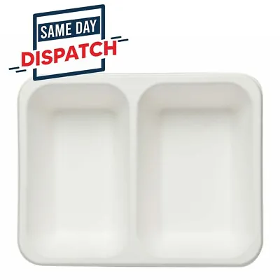 100 White Plastic Trays 2 Compartment Microwave Safe For Food Snacks Takeaway • £9.45