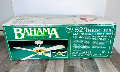 NEW! Vintage BAHAMA Fans 52  Deluxe Ceiling Fan WHITE Polished  Brass Finish NOS • $149