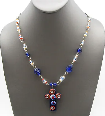 Vintage Murano Millefiori Cobalt Blue Glass Cross Pendant Cane Beaded Necklace • $38