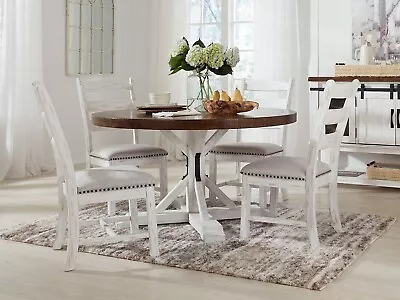 ON SALE - 5pcs Farmhouse White & Brown Oak Round Dining Table & Chairs Set IC1B • $1267.85