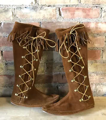 VTG Minnetonka Moccasins Women's Tan Suede Leather Knee High 15  Boots - Size 7 • $40