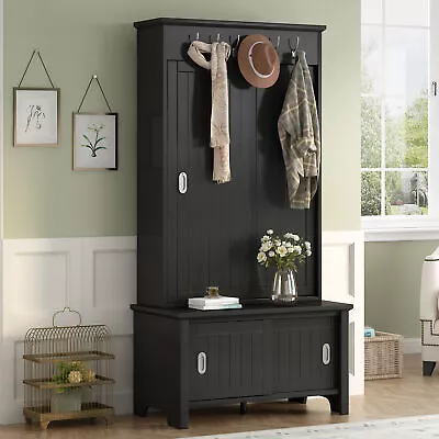 Shoe Cabinet Hall Tree Sliding Wooden Shelves Mudroom Coat Storage Hanging Hooks • $335.62