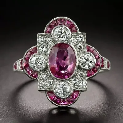 Art Deco Vintage Style 2.5Ct Lab Created Ruby Engagement Wedding 925 Silver Ring • $69.30