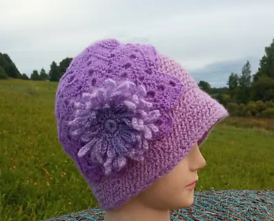 Womens Hat Is Crocheted In Lilac Color From  Wool Mixture.spring Hat.beret... • $55