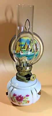 Vtg Floral Porcelain Miniature OIL LAMP Chimney Wick & Reflector- Ship / Boat • $25