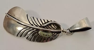 VINTAGE Sterling Silver NATIVE AMERICAN Green Turquoise FEATHER Pendant HANDMADE • $30