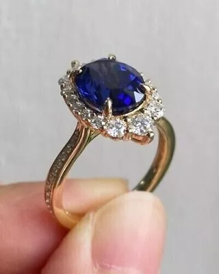 2 Ct Oval Lab Created Blue Sapphire Halo Engagement Ring 14K Yellow Gold Plated • $149.99