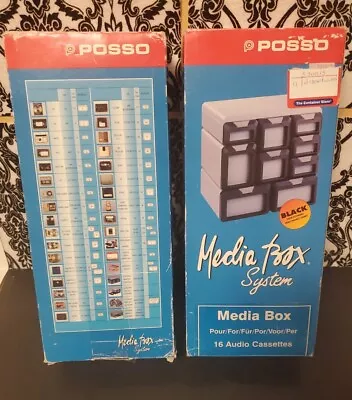 TWO Vtg POSSO Media Box BLACK - Holds 16 Audio Cassette Tapes Storage Organizer  • $62.99