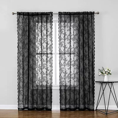 Vintage Black Embroidered Floral Sheer Lace Window Curtain Panel Drapes Bedroom • $13.49