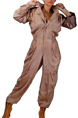 Vintage Woman's Silk Light Cargo Jumpsuit In Beige Long Sleeve  Size M • $75.99