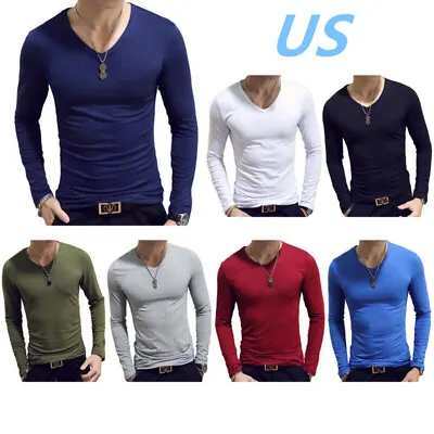 USMen Slim Fit V Neck Long Sleeve T-Shirts Muscle Shaper Workout Tee Tops Blouse • $10.96