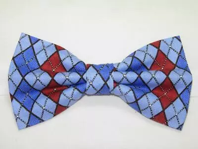 Blue & Red Argyle Bow Tie / Light Blue Royal Blue & Red / Pre-tied Bow Tie • $14.99