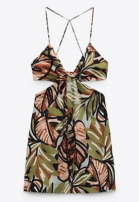 Zara Khaki Green Brown Linen Cotton Tropical Jungle Leaf Cut Out Mini Dress S BN • $43.57