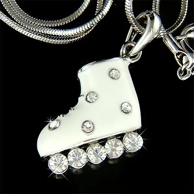 White Ice Skate Made With Swarovski Crystal Skating Roller Derby Hockey Necklace • £38.64