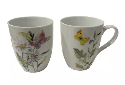 H2K Set Of 2 Mugs With White Flowers And Yellow & Purple Butterflies Porcelain • $12