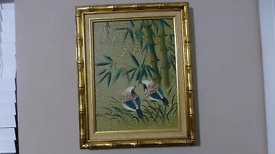 Vintage Chinese Birds Oil Painting Signed Original Wood Bamboo Frame 19  X 15  • $209.65