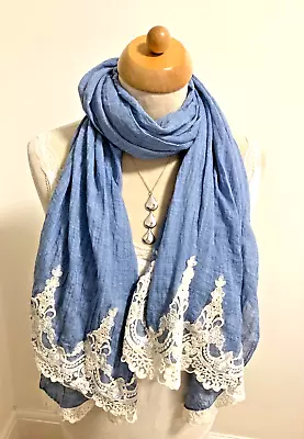 Pale Blue Cotton Scarf With White Lace Edge • £14.99