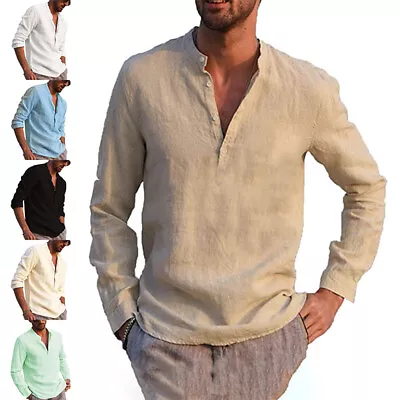 Mens Henley Cotton Linen Shirts Soft Casual Long Sleeve V Neck Solid Button Tops • $29.69