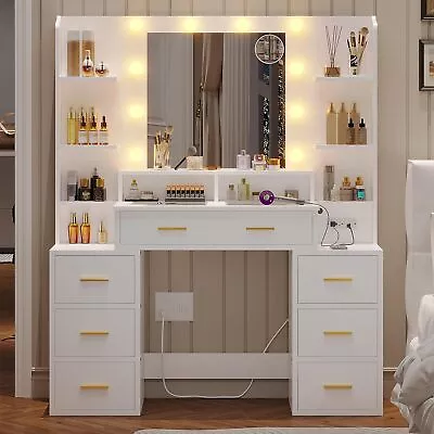 10 LED Lighted Mirror Vanity Table Set Makeup Dressing Desk 8 Drawers Wood-Grain • $254.99