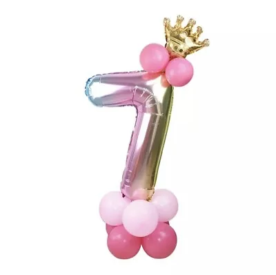 7th Birthday Rainbow Crown Balloon Stand Set 32  Princess Girls Party Age 7 • £6.99