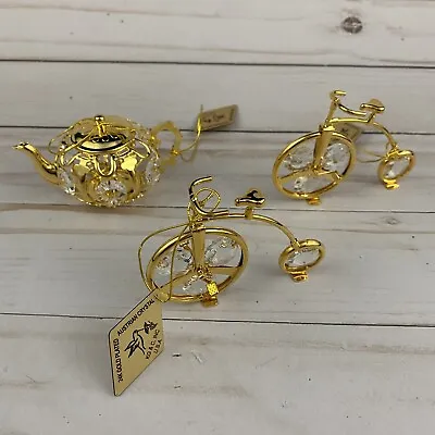 KG & C INC 24K Gold Plated Austrian Crystal Two Bicycles & Teapot USA • £28.49