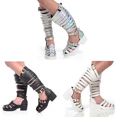 Womens Chunky Ladies Strappy Knee High Leg Gladiator Sandals Shoes Size 3-8 • £9.99
