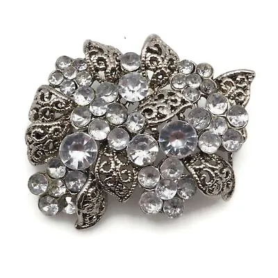 Vintage Silver Tone Filigree Leaves Clear Acrylic Rhinestone Fashion Brooch • $17.99