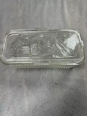 Vintage Federal Clear Glass Ribbed Refrigerator Clear Dish W/ Lid Vegetable 8” • $19