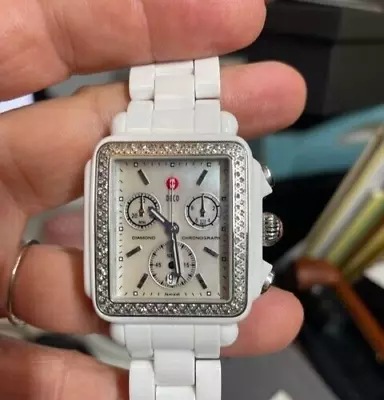 Michele Signature DECO Diamond Chronograph Pearl White Dial Ladies Watch • $106.50