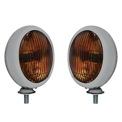 Chrome Vintage Amber 5  Fog Light Housing & Halogen H3 Bulb Glass Lens 12V Pair • $61.95