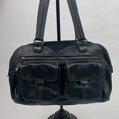 Vintage Fossil Leather Shoulder Satchel Bag Black Brass Zip Close Lined Pockets • $52.65