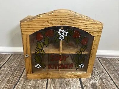 Vintage Wall Mounted Small Wood Cabinet Stained Glass Door   Soup Kitchen  • $51.98